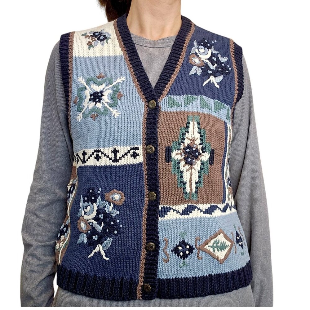 Womens Sweater Vest Floral Hand Embroidered Blue Patchwork Sz M Cottagecore